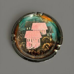 Vintage Mid Century SASCHA BRASTOFF 7" Round Ceramic Ashtray MCM Houses Pottery